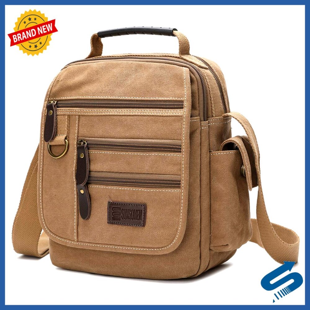 Vintage Canvas Messenger Bag Crossbody Work Bag Adjustable Strap Multi-Pocket
